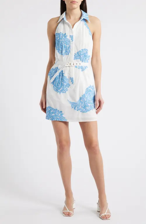 CIEBON Frances Embroidered Belted Shirtdress in White/Blue at Nordstrom, Size Medium | Nordstrom