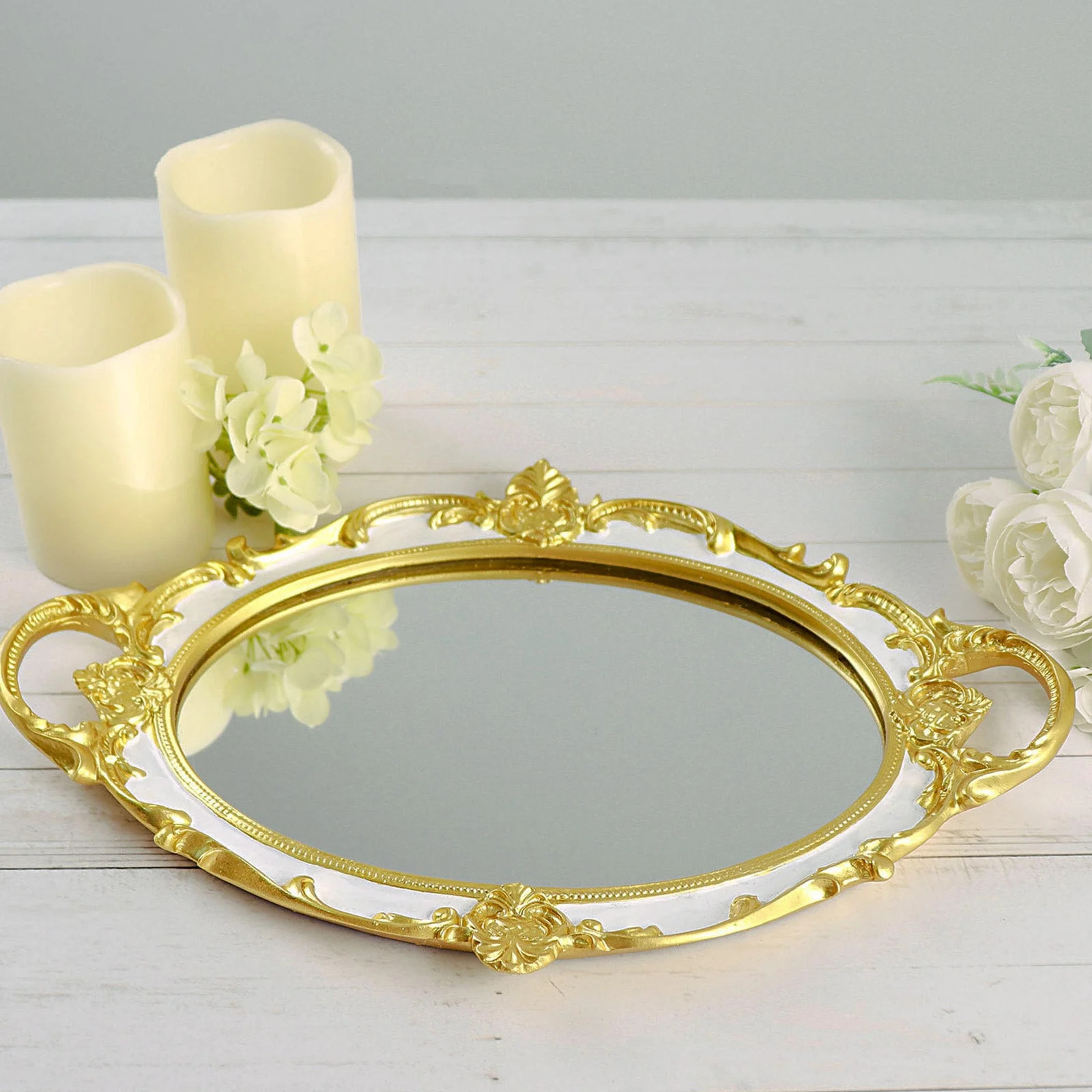 Efavormart Metallic White/Gold Resin Decorative Serving Tray - Oval Mirrored Vanity Tray - 14"x10... | Walmart (US)