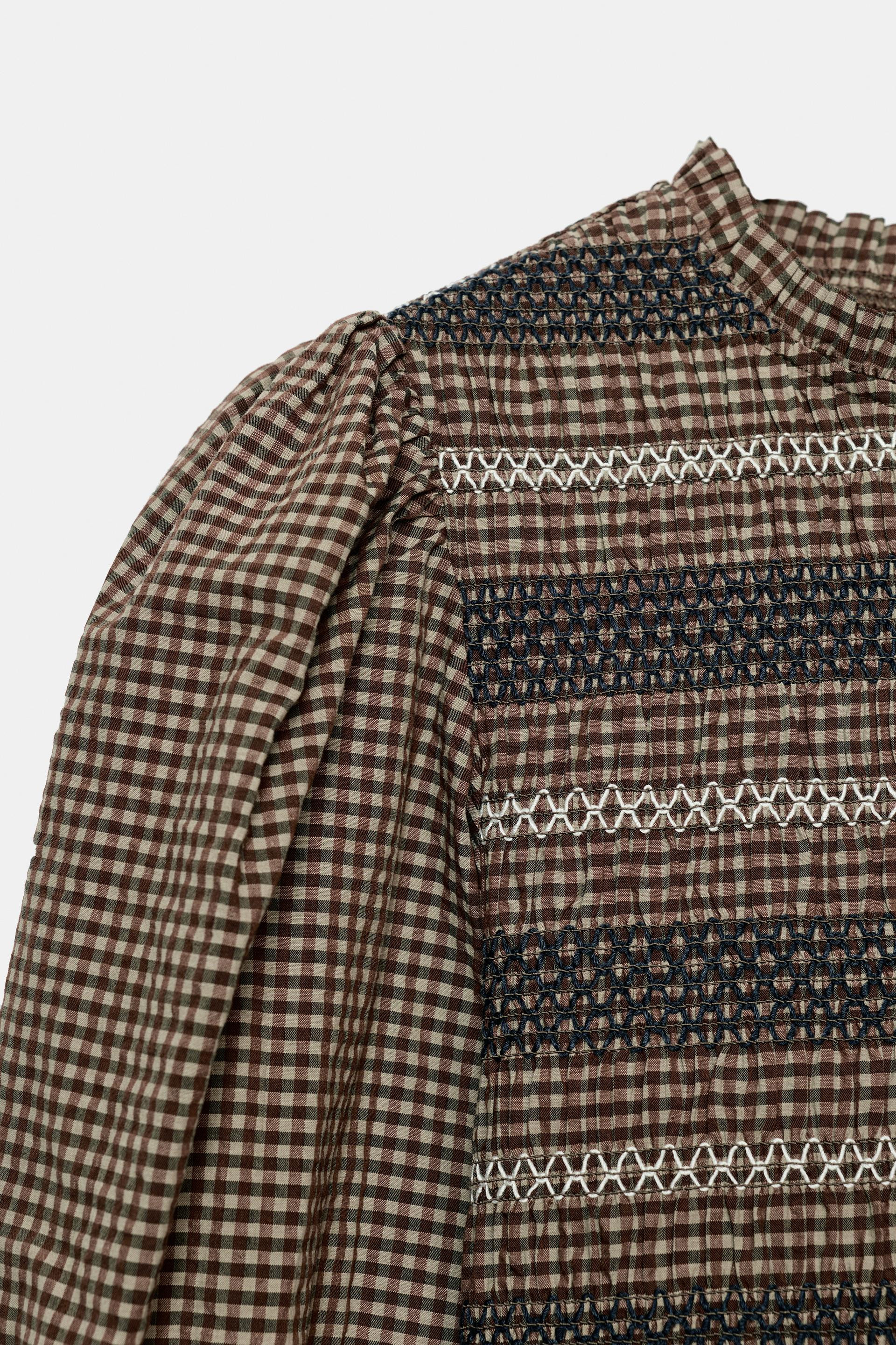 Zara - Smocked Embroidered Blouse - Brown - Xl - Woman | Zara US
