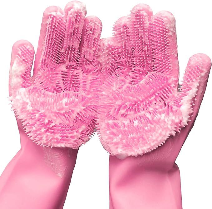 Cleaning Sponge Gloves, Dishwashing Gloves, Silicone Reusable Cleaning Brush Heat Resistant Scrub... | Amazon (US)