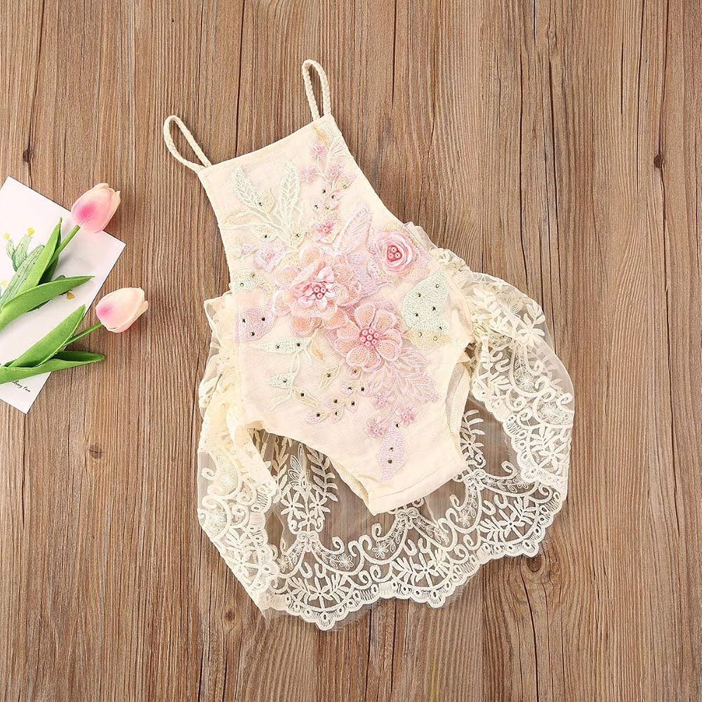 Baby Girl Romper Outfit Ruffle Sleeve Bodysuit Lace Jumpsuit with Headband Infant Girl Summer Clothe | Amazon (US)