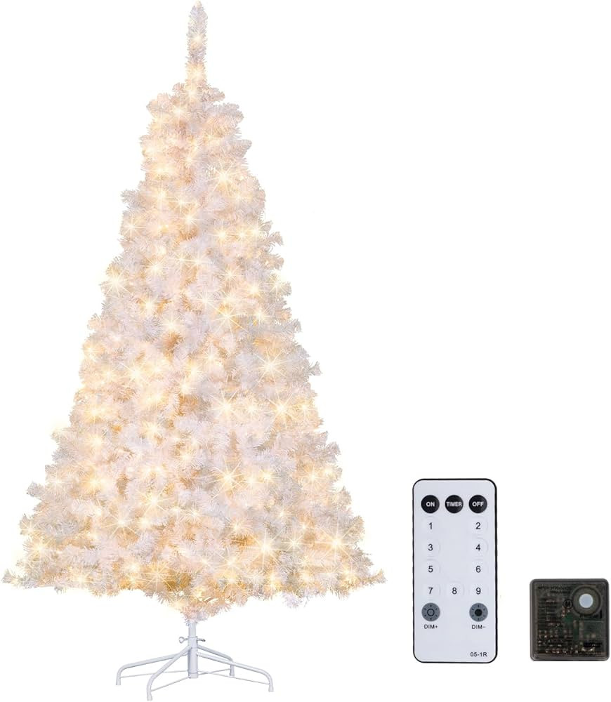 6ft Prelit White Christmas Tree with Remote Control, Artificial Christmas Tree with 250 Warm & Mu... | Amazon (US)