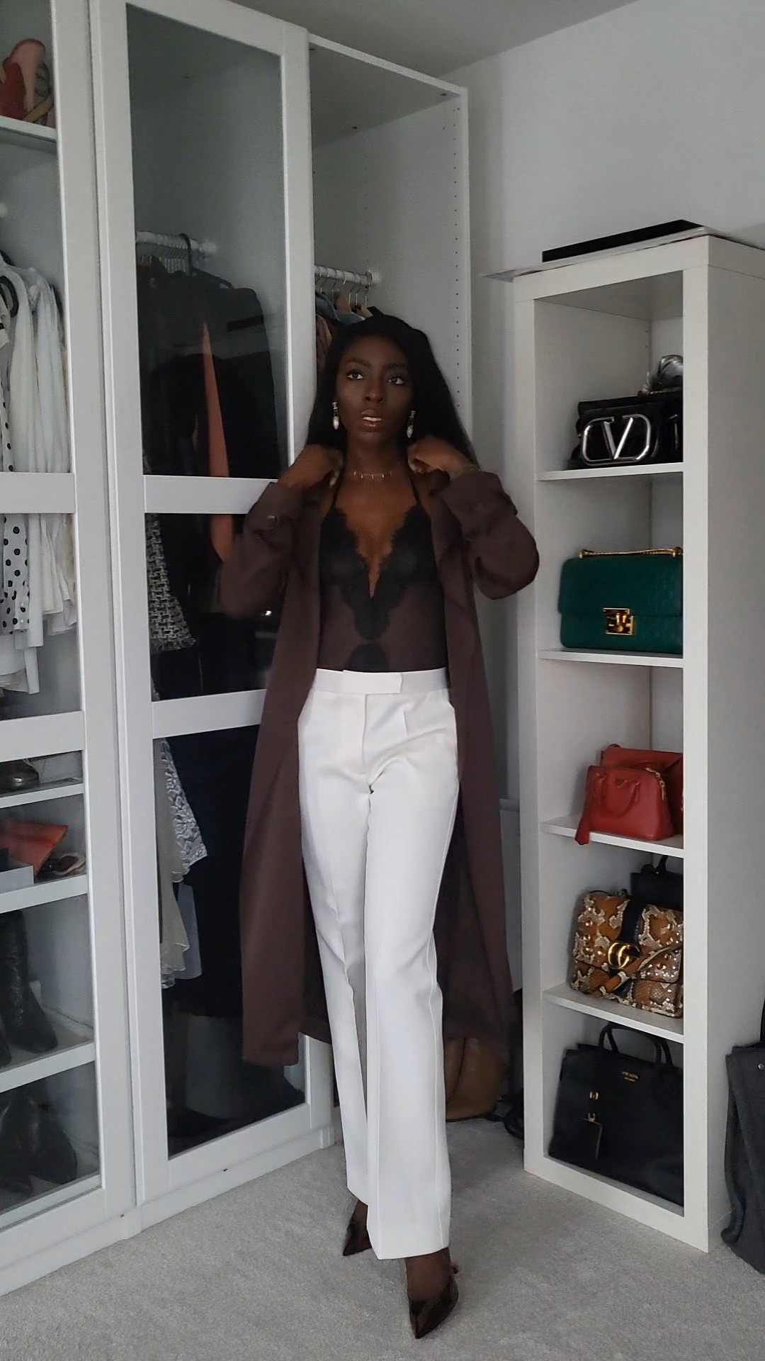 Lingerie inspired look #valentinesdayCream trousers - black lace bodysuit - brown silk trench - amina muaddi pumps - alexander mcqueen bag

#LTKVideo #LTKstyletip #LTKbeauty