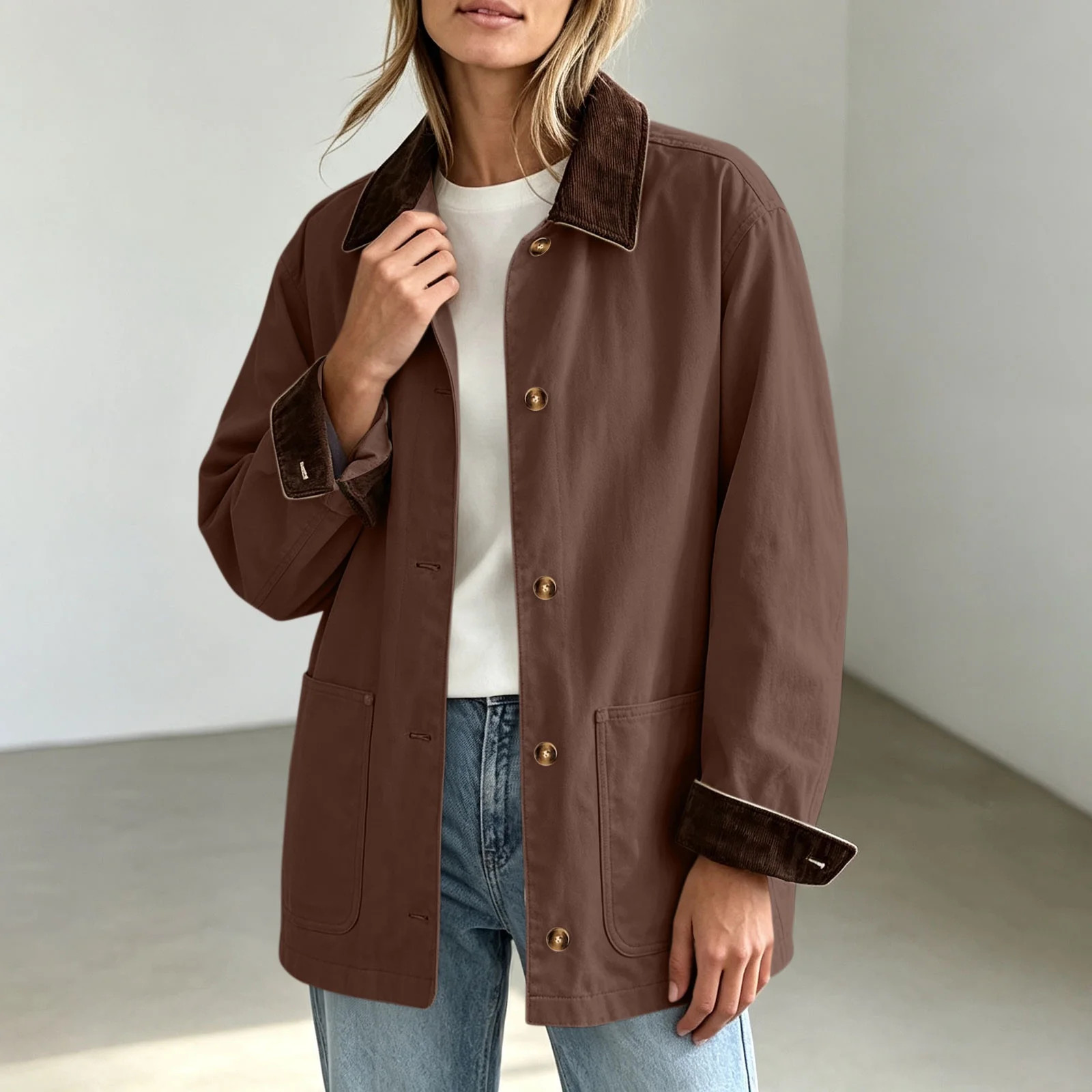 Womens Chore Jacket Corduroy Contrast Point Collar Shacket Coat Button Down Loose Mid Length Jackets with Pockets Warm Fall Winter Outerwear - Walmart.com | Walmart (US)