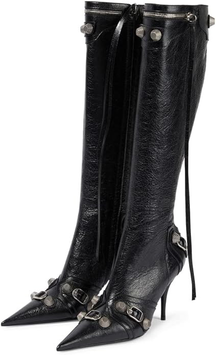 Oiamenne Knee High Boots for Women Fashion Slide Zipper Pointed Toe Stiletto Studded High Heel Ri... | Amazon (US)