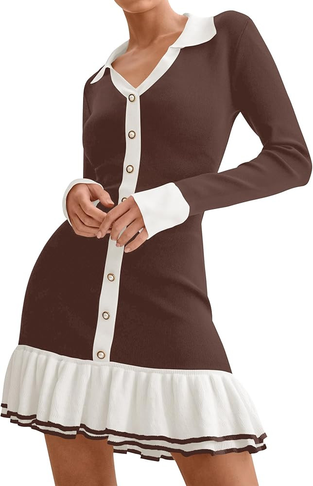 MIROL Women's Ruffle Mini Bodycon Dress 2024 Fall Long Sleeve Contrast Lapel Collar Sweater Dress | Amazon (US)