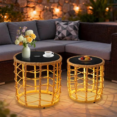 Kacyn Outdoor Wicker Solar Nesting Round Side Table With Built-in Lights(Set Of 2) | Wayfair North America