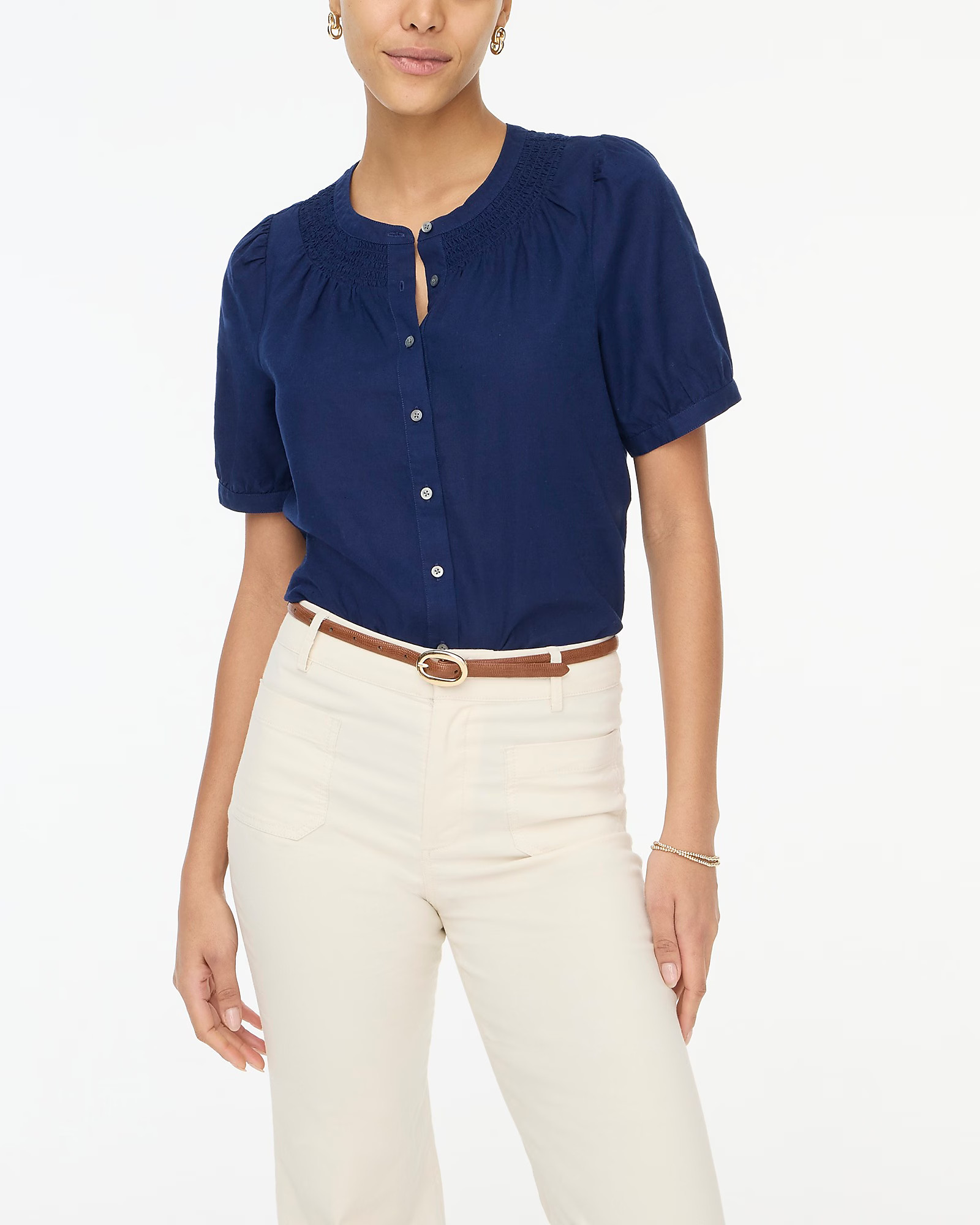 Linen-blend short-sleeve smock-neck top | J.Crew Factory