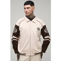 Tall Boxy Fit Collared Colour Block Varsity Jersey Jacket | Ecru | Size Medium | boohooMAN (DE, IE & UK)