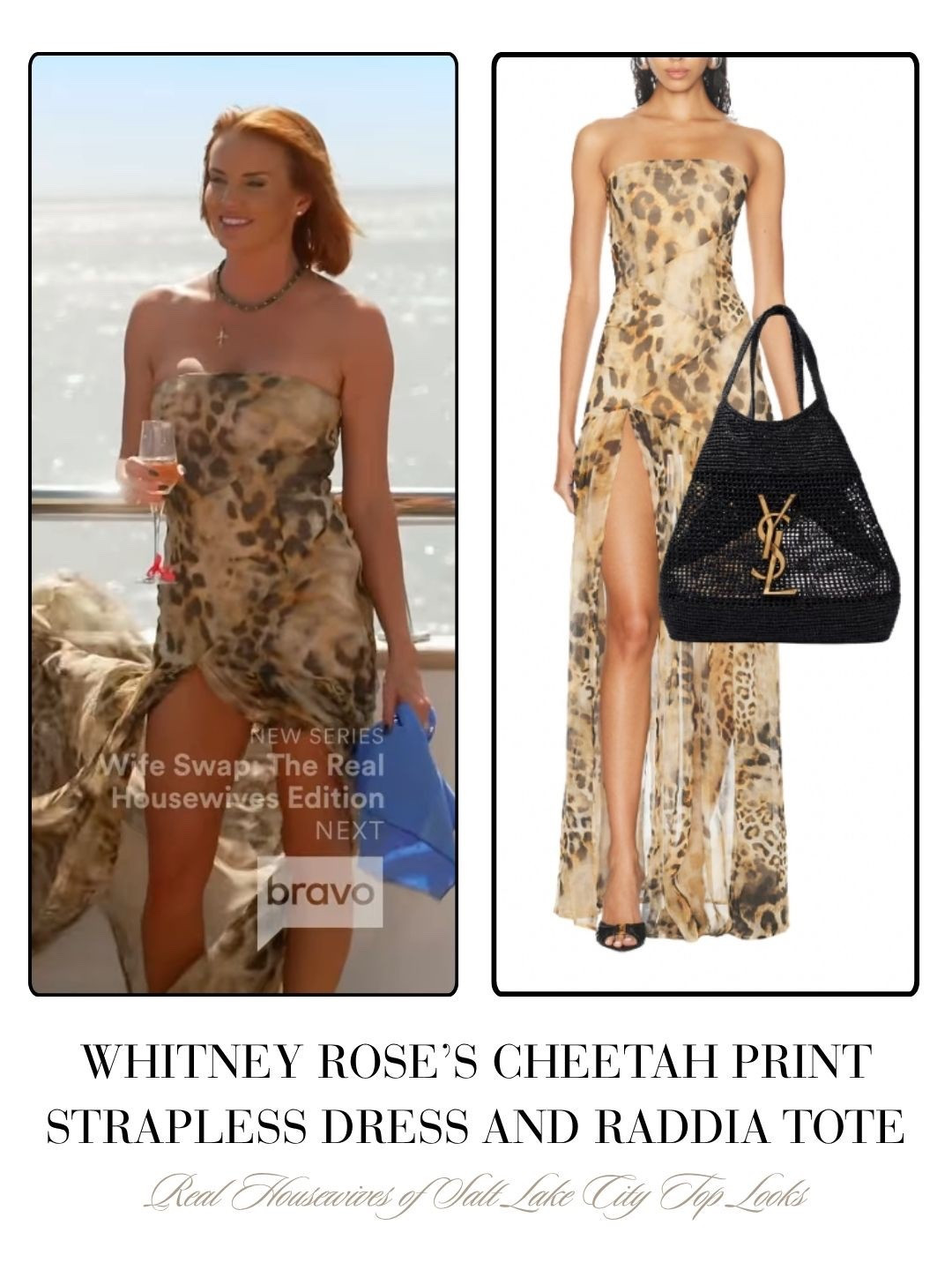 Whitney Rose’s Cheetah Print Strapless Dress and Raddia Tote 

#LTKU