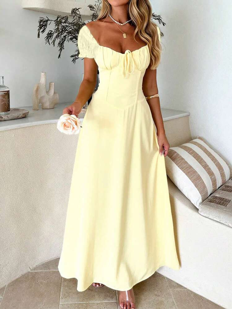 PoPoHouse Women's Elegant Dress, Solid Color Bohemian Vacation Style, Low Neckline Off-Shoulder Design, Backside Tie Detail, Creates Casual Loose Beach Dress Look, Suitable For Spring/Summer And Various Occasions | SHEIN