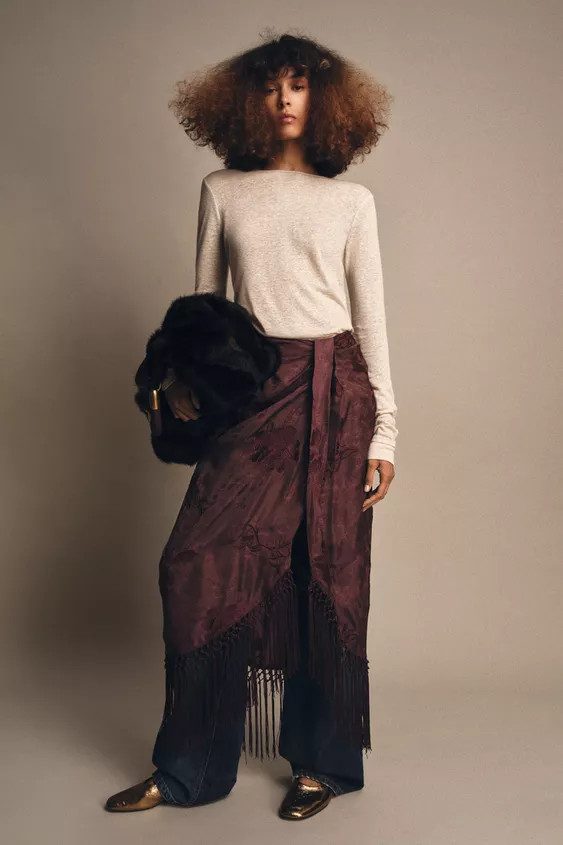 EMBROIDERED FRINGED WRAP SKIRT | Zara US