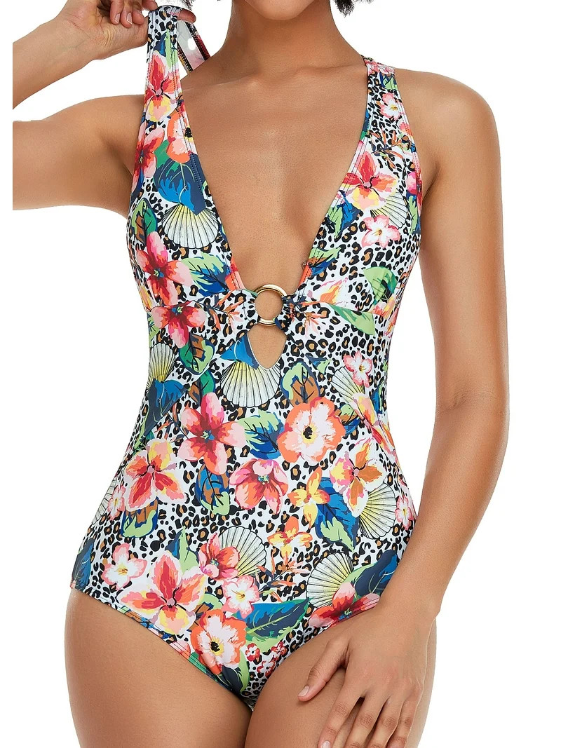 LIORA Women’s One Piece Swimsuits Floral Print Bathing Suits for Women Deep V Neck with Front a... | Walmart (US)