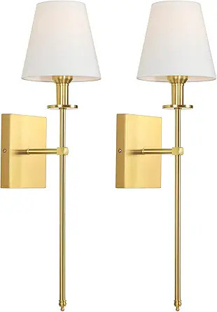 Set of 2 Gold Slim Wall Sconces with White Lampshade, Plug in or Hardwired Indoor Wall Light, Rus... | Amazon (US)
