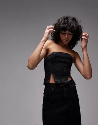 Topshop denim corset with let down hem in washed black | ASOS (Global)