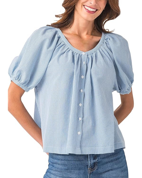 Tanming Womens Summer Plaid Button Down Shirts Short Puff Sleeve Cotton Crew Neck Gingham Blouses... | Amazon (US)