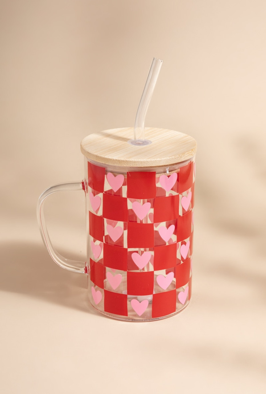 Simone Heart Pattern 15oz Glass With Straw Lid | Francesca's