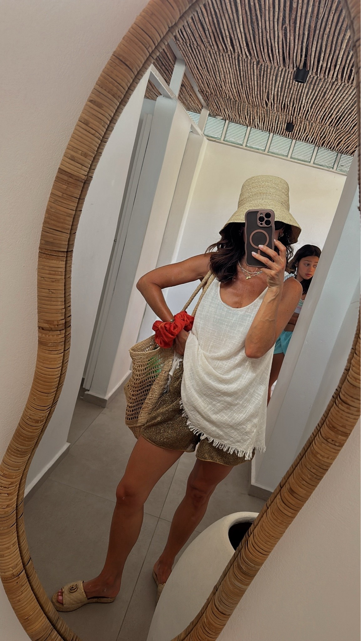 Beach day 
cover up is from a couple of seasons ago and still available. I’m 5’2 and it’s pretty short, so I recommend shorts underneath 
Shorts are from a boutique in Capri (Sundeck) 
Sandals are 7 years old and sold out

#LTKOver40