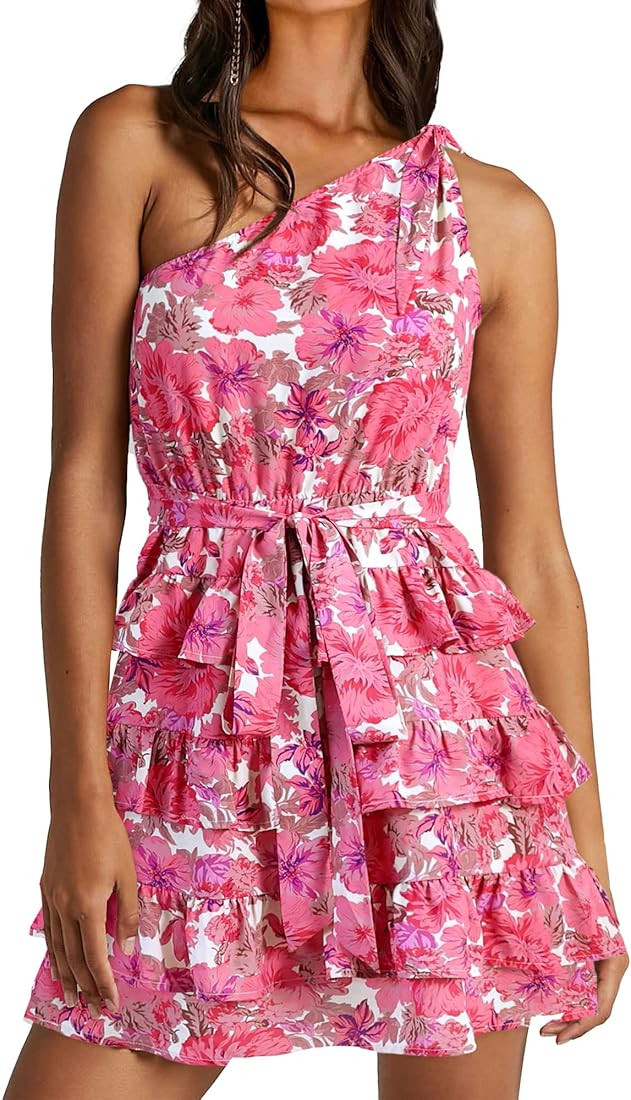 2023 Women One Shoulder Casual Summer Dresses Floral Boho High Waist Beach Ruffle Tiered A Line F... | Amazon (US)