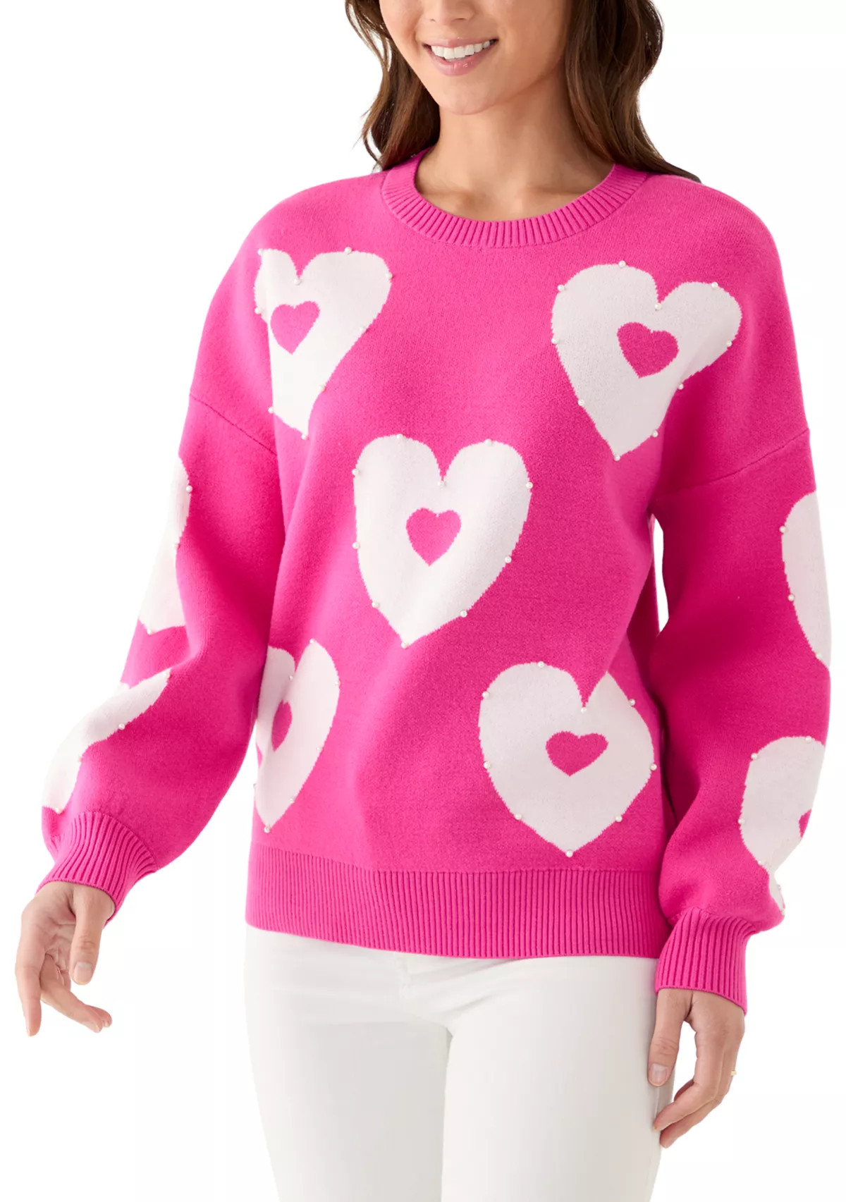Crown & Ivy™Petite Pearl Heart Sweater | Belk