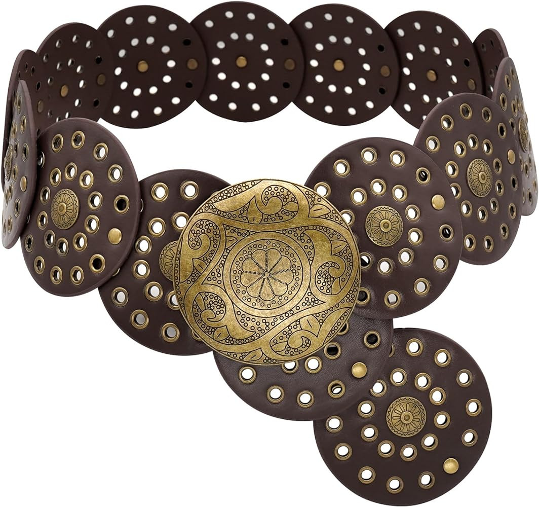 Wide Disc Belt for Women Boho Concho Leather Belts Vintage Western Waist Belt | Amazon (US)