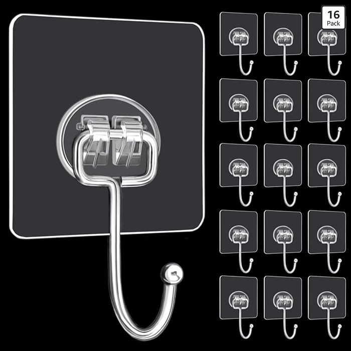 DKHDBD Large Adhesive Hooks, 16-Pack Hold 33lb(Max) Heavy Duty Sticky Hooks, Waterproof Transpare... | Amazon (US)