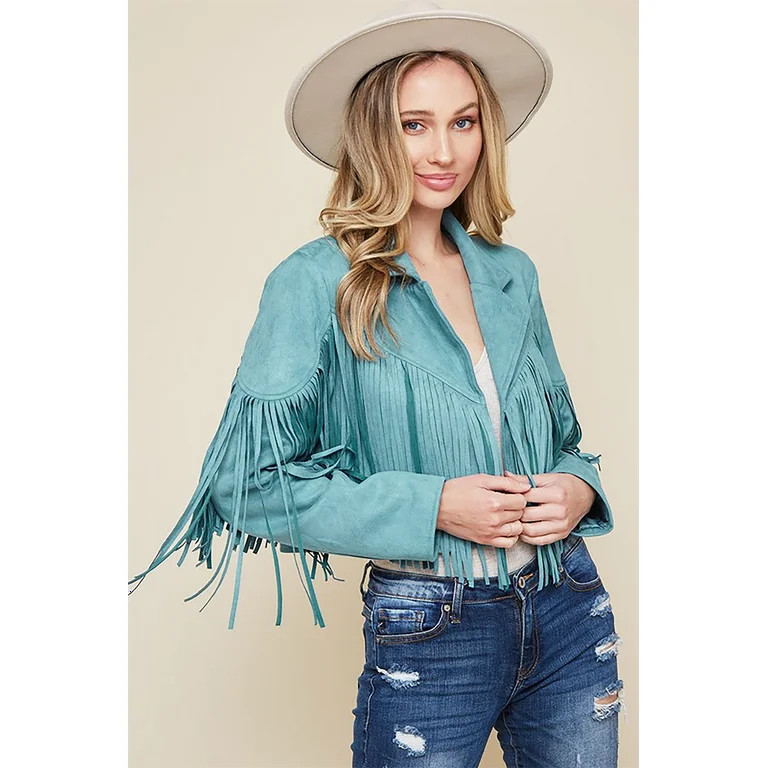 Saints & Hearts Womens Faux Suede Festival Fringe Cropped Jacket (L, Teal) - Walmart.com | Walmart (US)