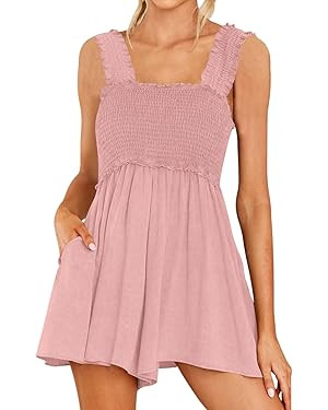 DEEP SELF Women Summer Sleeveless Romper Square Collar Ruffle Straps Flowy Short Jumpsuit with Po... | Amazon (US)