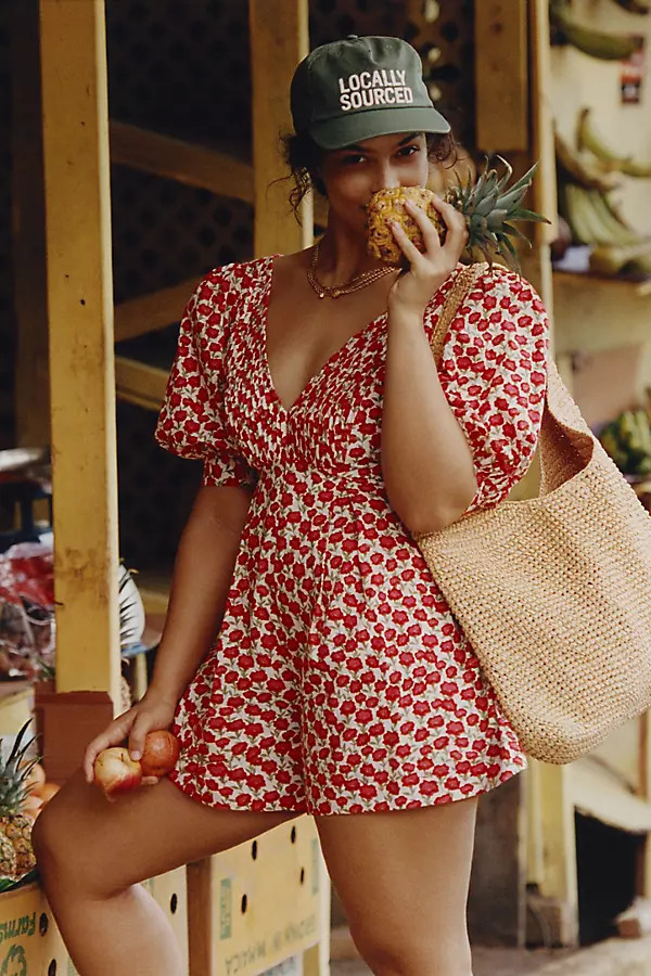 Maeve Puff-Sleeve V-Neck Pintuck Romper | Anthropologie (US)