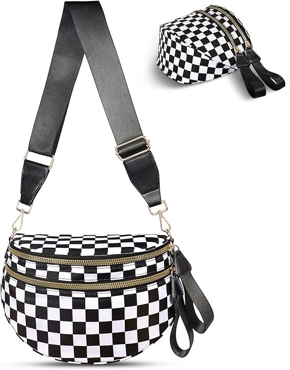 Checkered Crossbody Bag,Nylon Bum Bags for Women Crossbody,Spacious Sling Bag Purse Fanny Packs w... | Amazon (US)