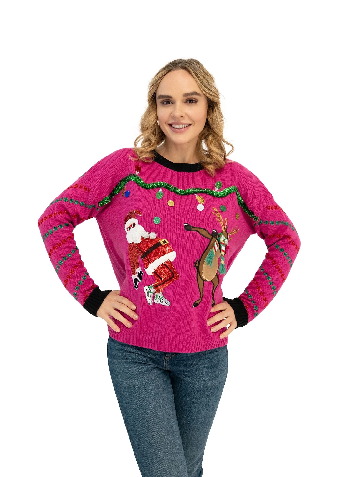 33 Degrees Women's Dancing Santa and Reindeer Ugly Christmas Sweater | Walmart (US)