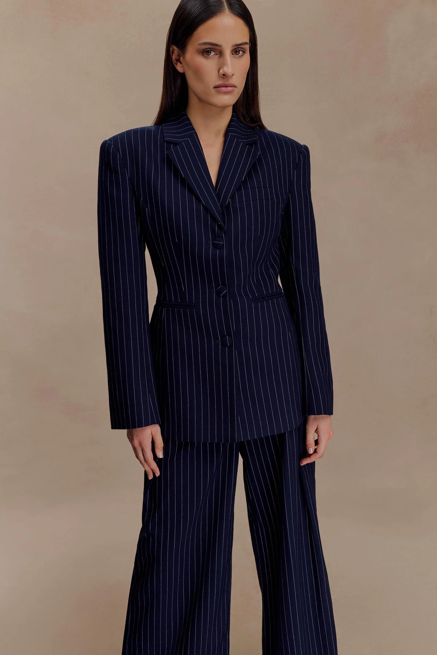 Bellamy Cinched Blazer - Navy Pinstripe | Meshki (APAC)