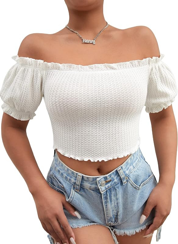 Women's Off Shoulder Frill Trim Short Sleeve Tee Shirt Crop Tee Top | Amazon (US)