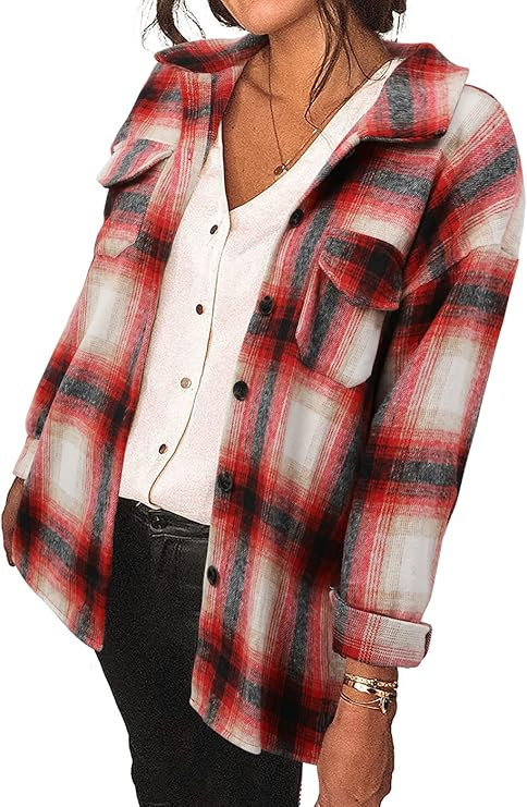 Women's Brushed Plaid Shirts Long Sleeve Flannel Lapel Button Down Cardigan Boyfriend Shacket Jac... | Amazon (US)