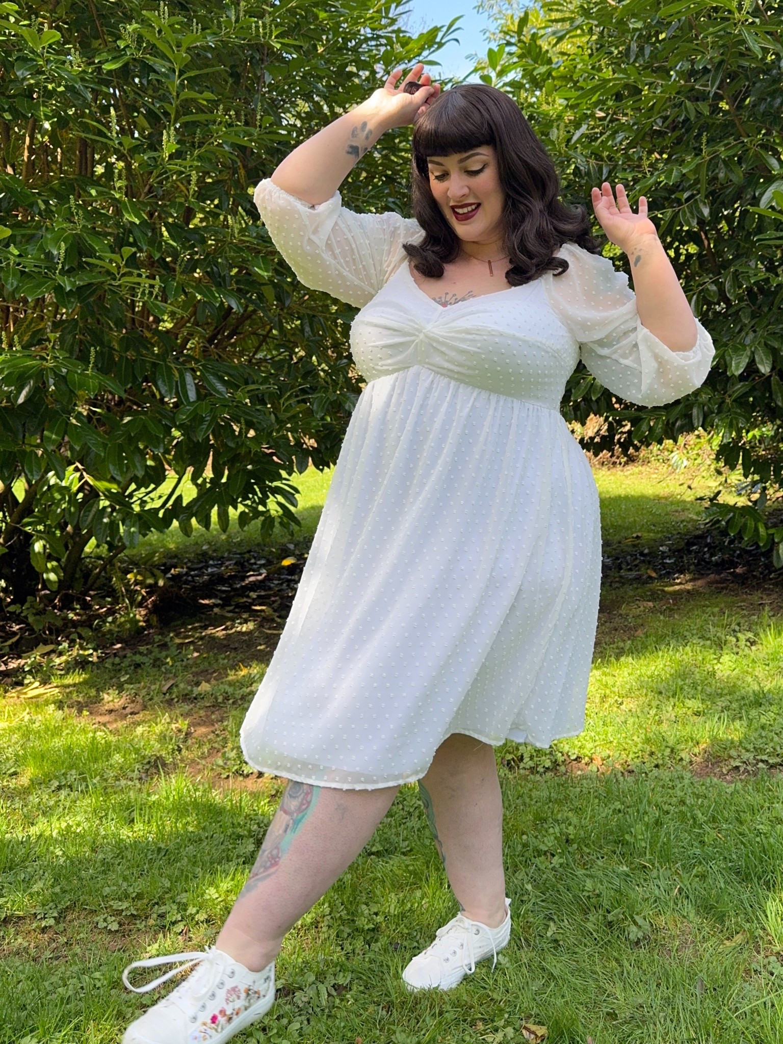 White dress with sheer sleeves and all over Swiss dot pattern

#LTKPlusSize #LTKSeasonal #LTKFindsUnder50