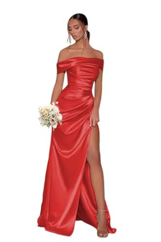 Tukomu Off The Shoulder Red Bridesmaid Dresses with Split Satin Pleated Mermaid Long Bridesmaid Dress Size 0 | Amazon (US)
