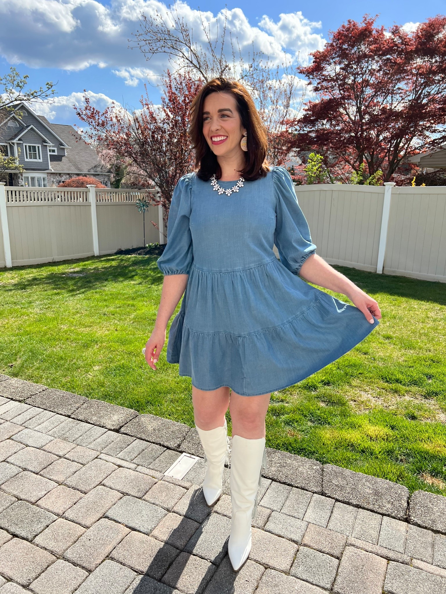 Tiered denim dress (s). White fringe boots (8.5). #dress #dresses #denimdress #tiereddress #boots #fringeboots #whiteboots #easteroutfit #springoutfit #easterdress 
spring outfits 2026 
easter outfits women 
easter dress women 

#LTKootd #LTKSeasonal