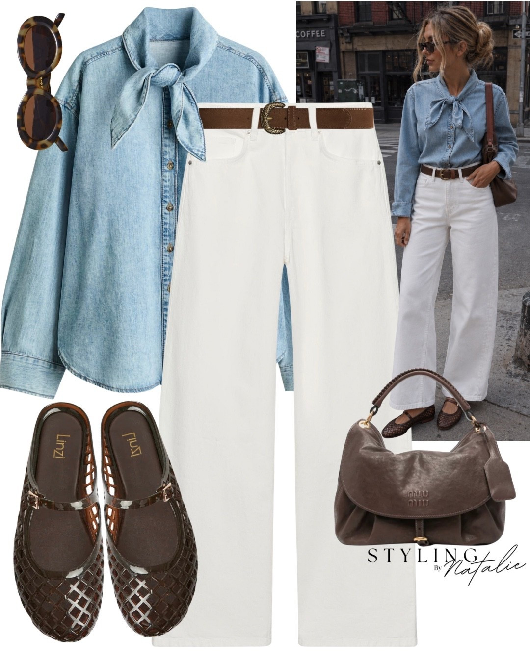 Denim shirt with tie neck detail, high waist white jeans, suede buckle belt, jelly Mary Jane ballet flats, Miu Miu bag and tortoise shell sunglasses.
Elevated casual, casual chic, everyday style, transitional look, fall, autumn, summer m, H&M, Zara @linzi

#LTKuk #LTKFashionMonth #LTKeurope