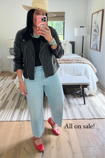 Leather jacket size large (size up if you are between sizes), tank size large, jeans size 29 in the color Fitzgerald Wash (I’m a size 10), shoes fit tts (size down if you are between sizes. 

#LTKSaleAlert #LTKMidsize #LTKxMadewell
