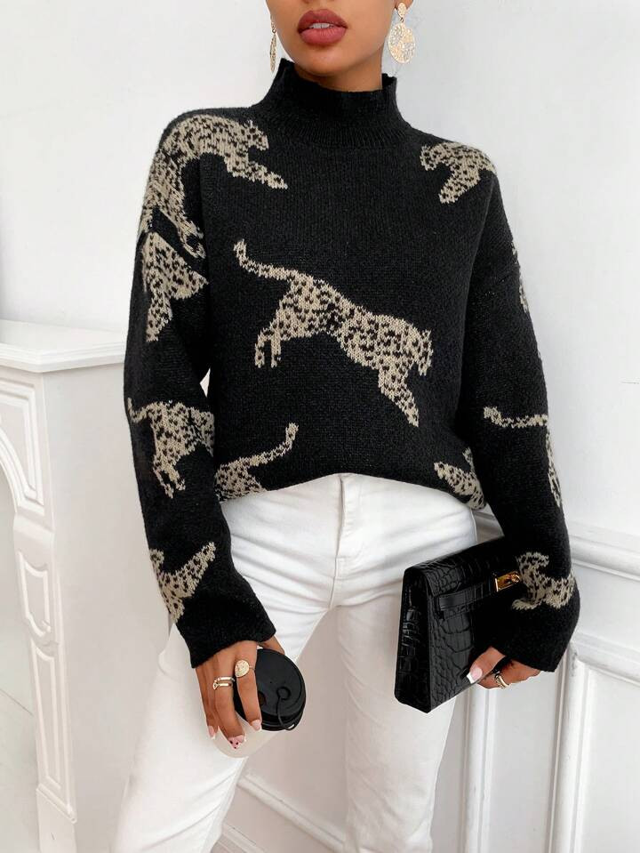 SHEIN Essnce Leopard Pattern High Neck Drop Shoulder Sweater | SHEIN USA | SHEIN