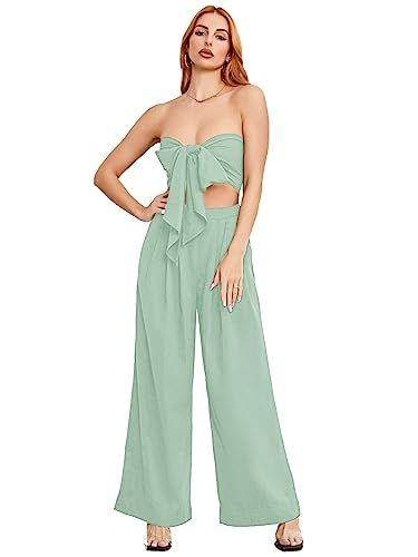 Amazon.com: SweatyRocks Women's 2 Piece Sexy Outfits Sleeveless Tie Front Crop Top Wide Leg Pants... | Amazon (US)