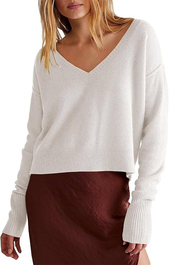 Chang Yun Womens Cropped V Neck Sweaters Long Sleeve Cute Soft Knit Fall Casual Loose Pullover Ju... | Amazon (US)