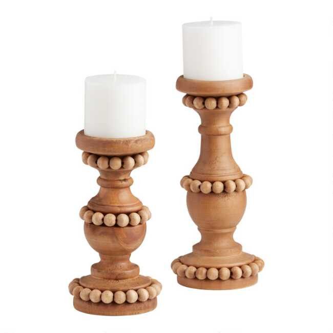 Natural Wood Beaded Pillar Candle Holder | World Market