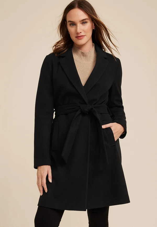 Black Wrap Longline Coat | Maurices