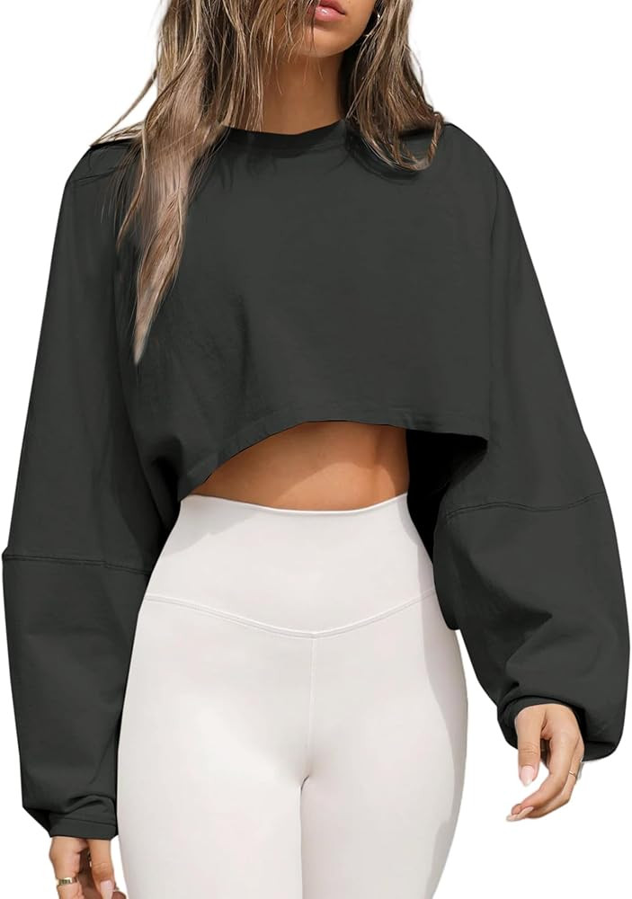 Remidoo Women's Casual Long Sleeve Cropped Sweatshirt Crewneck Pullover Shirt | Amazon (US)