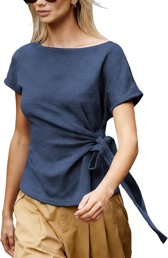 Womens Short Sleeve Tops Tie Waist Wrap Tops | Stretchy Tie Front Tops, Crew Neck Lightweight Sof... | Amazon (US)