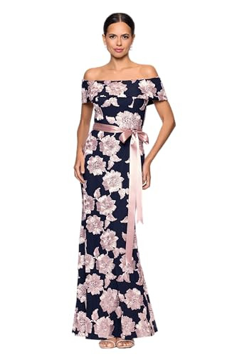 Betsy & Adam Women's Lace Off The Shoulder Belted Floral Floor Length Dress, Navy/Rose, 14 | Amazon (US)