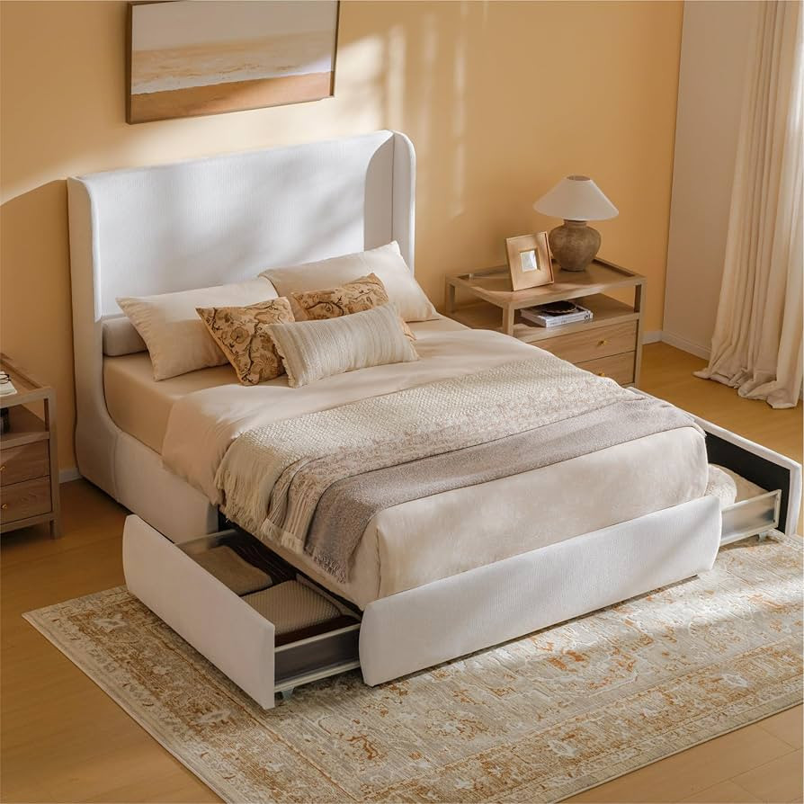 RECCI Queen Upholstered Wingback Bed Frame with Storage Drawers, 52\u201d Tall Cushioned Headboar... | Amazon (US)