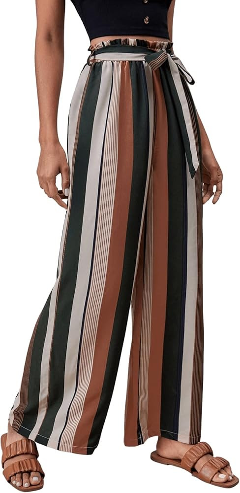 SweatyRocks Women's Striped High Waisted Wide Leg Belted Pants Loose Fit Paper Bag Trousers | Amazon (US)