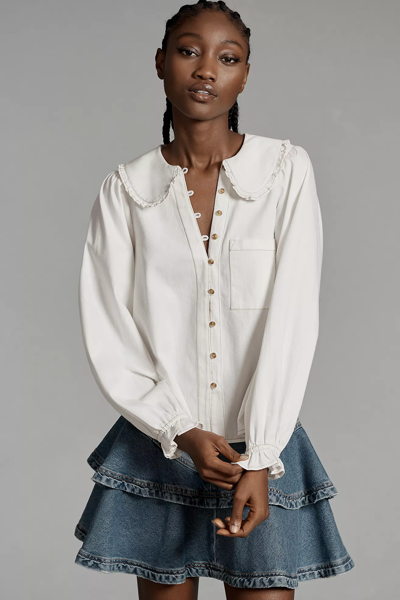 The Keira Collared Button-Front Blouse by Pilcro: Long-Sleeve Denim Edition | Anthropologie (US)